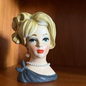 Napco Japan Lady Head Vase • C7293 • 5” • Matte Black Dress • 1956